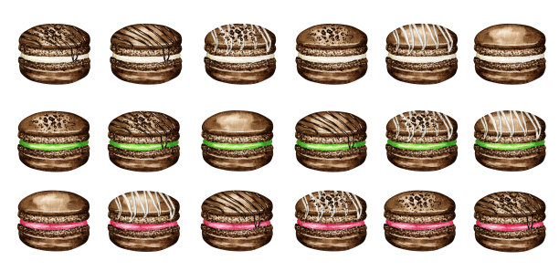 手绘水彩法式马卡龙蛋糕套装。巧克力点心甜点孤立在白色背景彩色杏仁饼干，甜的浆果，草莓，覆盆子图片下载