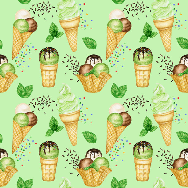 夏季无缝图案的冰棍，冰淇淋球装饰的巧克力华夫蛋筒。水彩插图上的白色背景。绿色水果混合冰淇淋球织物织物设计图片下载