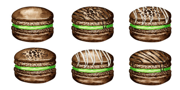 手绘水彩法式马卡龙蛋糕套装。巧克力糕点甜点孤立的白色背景彩色杏仁饼干，甜的绿色浆果馅图片下载