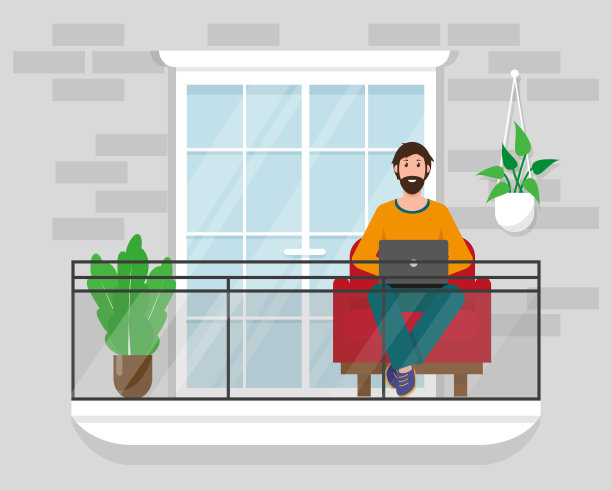 阳台上有个带着笔记本电脑的男人，椅子和植物。呆在家里，在网上工作或自由概念矢量插图。图片下载