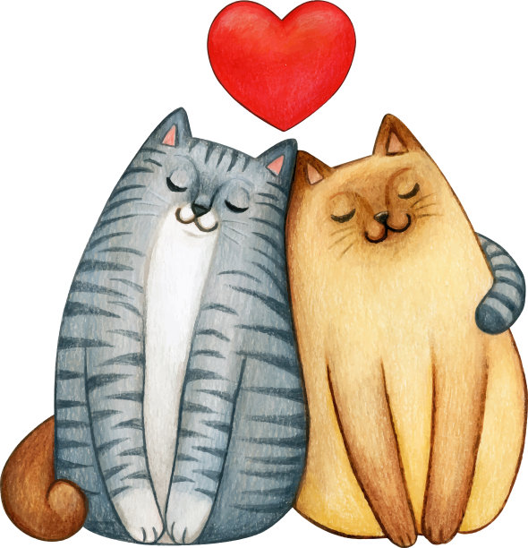 水彩画情侣猫互相爱着图片下载