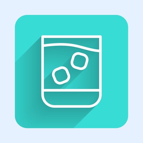 白色线条的威士忌和冰块图标孤立与长阴影。绿色广场按钮。矢量图图片下载