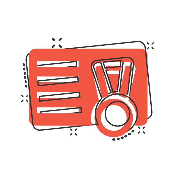 带有奖章图标的VIP卡片，漫画风格。文件奖励奖杯卡通矢量素材，白色隔离背景。获胜者徽章飞溅效果商业概念图片下载