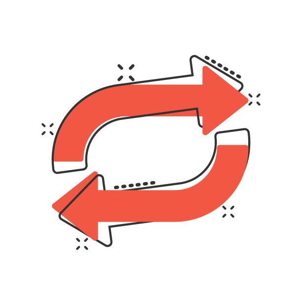 漫画风格的箭头旋转图标。同步行动卡通矢量插图在白色孤立的背景。刷新按钮喷溅效果的经营理念。图片下载