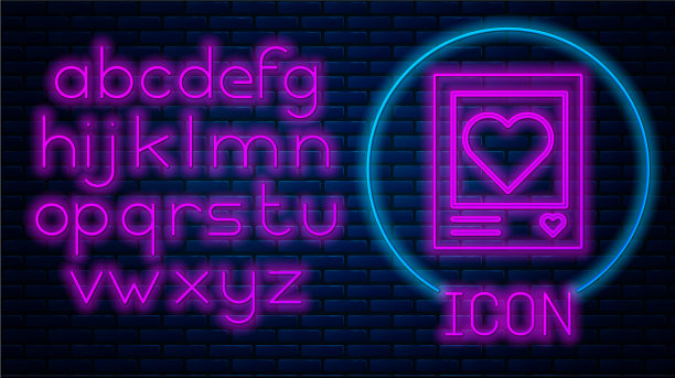 发光的霓虹灯空白相框和心形图标图片下载