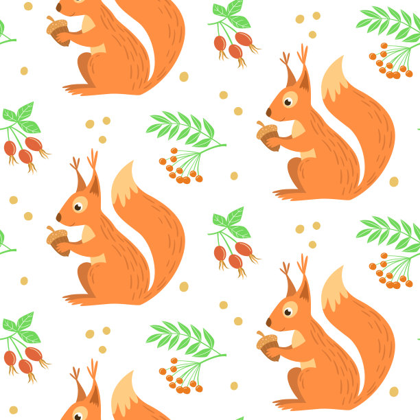 轻图案与可爱的松鼠，它是抱着一个橡子。蔷薇果和花楸果的枝条。矢量插图。图片下载