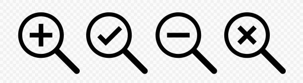 放大镜的图标集。搜索图标。孤立的放大镜图标矢量设计集合。Checkmark + - cross。放大镜或放大镜标志集。矢量图图片下载