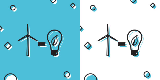 黑色的风力涡轮机和带有树叶的灯泡作为环保能源的概念，孤立在蓝色和白色的背景上。随机动态形状。矢量图图片下载