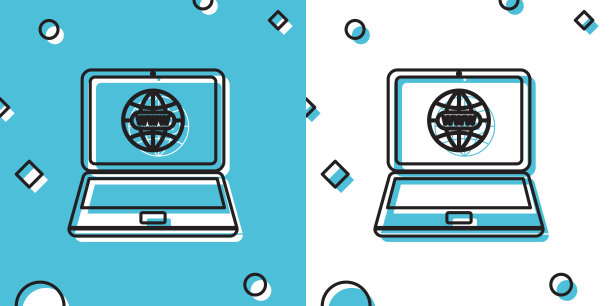 黑色网站在笔记本电脑屏幕图标隔离在蓝色和白色的背景。屏幕上笔记本电脑符号的地球仪。万维网符号。互联网符号为您的网站设计，标志。矢量图图片下载