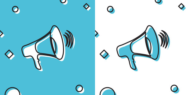 黑色扩音器图标孤立在蓝色和白色背景。随机动态形状。矢量图素材图片