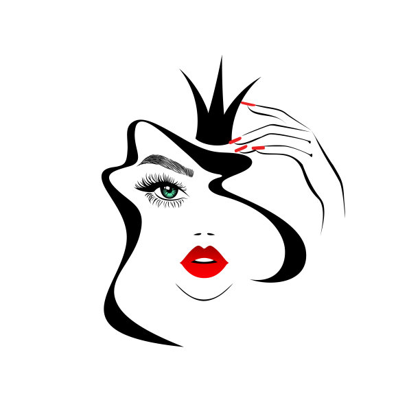 漂亮女人的脸，红红的嘴唇，黑色的卷发，黑色的皇冠，手上涂着红色的指甲，发廊的标志，图标。美丽的标志。矢量图图片下载