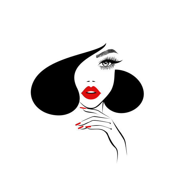 美丽的女人脸上有黑色的嘴唇，浓密的睫毛，手上有黑色的指甲，黑色的头发，时尚的发型。美丽的标志。指甲艺术工作室。壁纸背景。矢量插图。图片下载