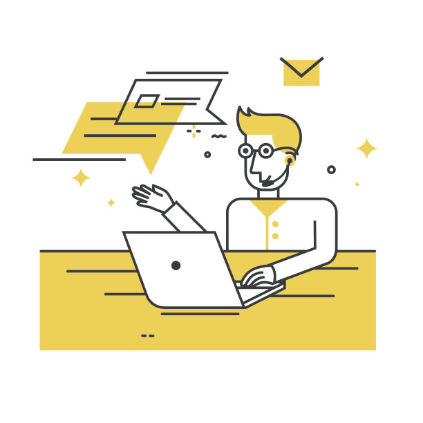 在线支持插图-男子坐在笔记本电脑与耳机和麦克风素材图片