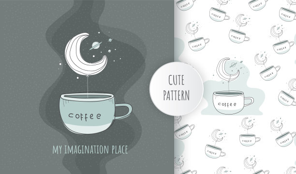 用咖啡杯绘制夜空的平面图案图片下载