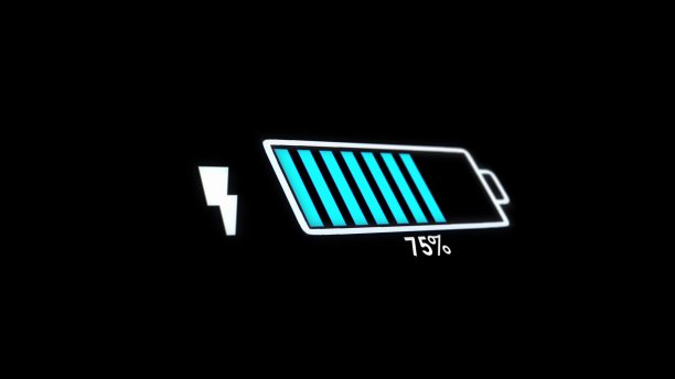数字电网上浮动电池的图形动画正在从1到100%充满电。图片下载