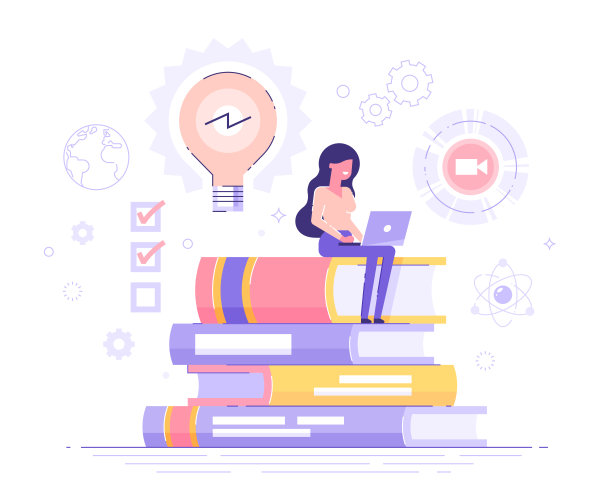 年轻快乐的女人坐在一堆书上用他的笔记本电脑。电子学习、网络研讨会、在线视频培训、远程教育理念。现代向量插图。图片下载