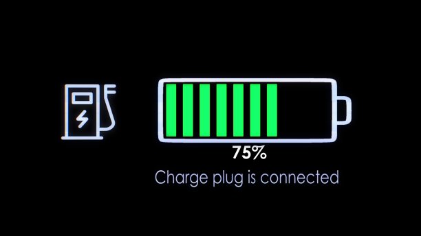 电动汽车充电指示充电进度，电动汽车电池指示显示电池充电不断增加。电池指示灯显示它充满100%。图片下载