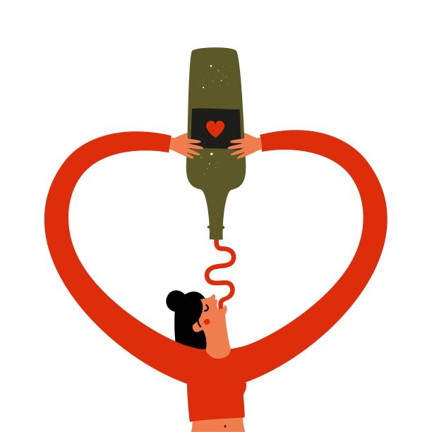 矢量插图与年轻女子在红色毛衣喝葡萄酒从绿色玻璃瓶。图片下载