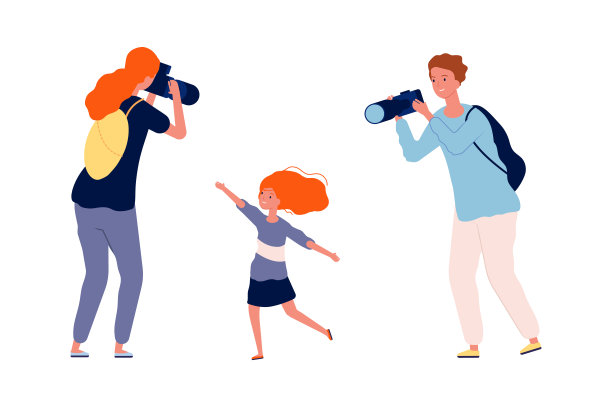 父母和孩子。妈妈和爸爸给他们的孩子拍照片。快乐的家庭时光，可爱的宝贝女孩矢量插图图片下载