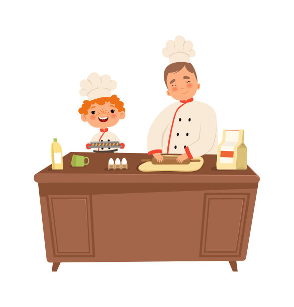 男孩厨师。可爱的小孩和在厨房做饭的男人。穿着制服的孩子制作食物矢量插图图片下载