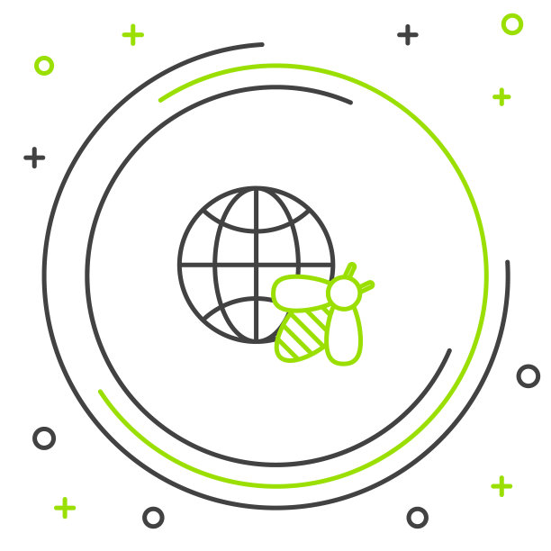 黑色和绿色线蜂窝地图的世界和蜜蜂图标孤立在白色的背景。世界蜜蜂日。概念生态事件。色彩斑斓的轮廓的概念。矢量图图片下载