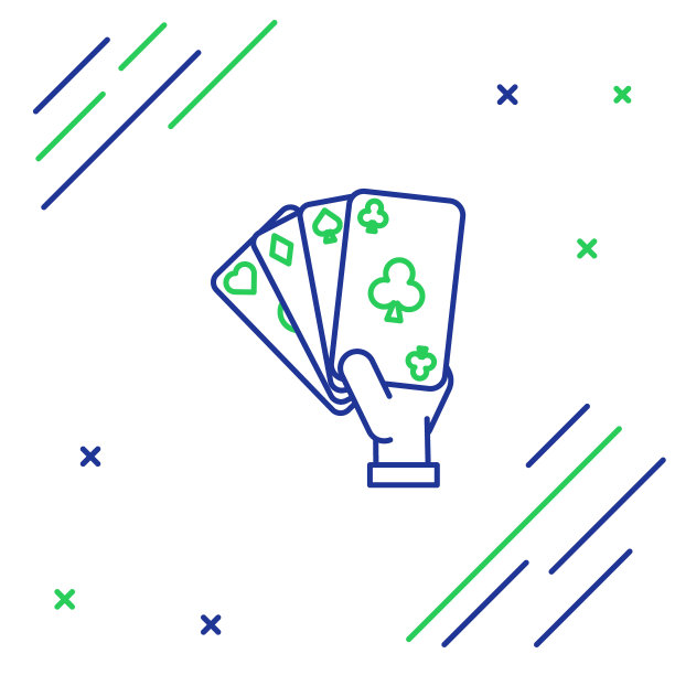 蓝绿线手握扑克牌图标孤立在白色背景。赌场游戏设计。色彩斑斓的轮廓的概念。矢量图图片下载