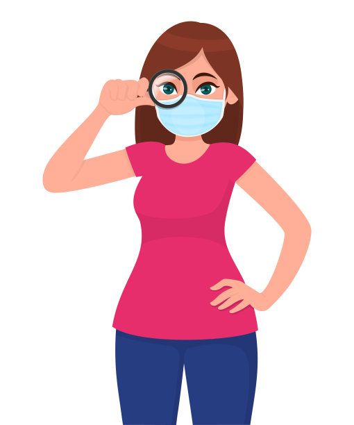 年轻的女孩戴着医用口罩，透过放大镜看东西。拿着放大镜的女人。女性角色的设计。现代的生活方式。冠状病毒疫情爆发。卡通插图在矢量。图片下载