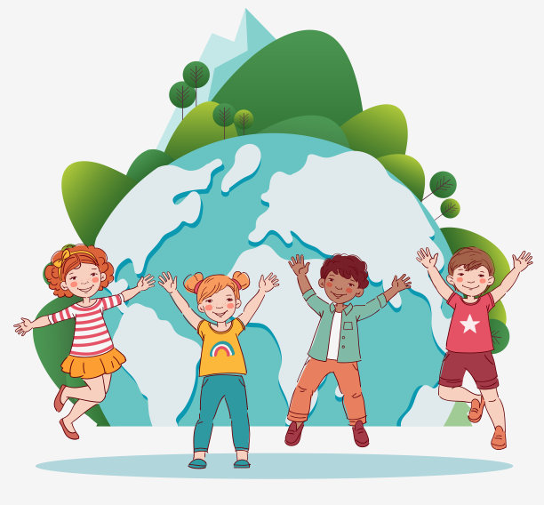 快乐的孩子们跳过世界地图。幸福、童年、自由的概念图片下载