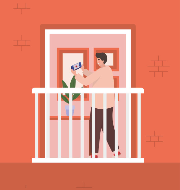 男子在红色建筑的窗户旁使用智能手机矢量设计图片下载