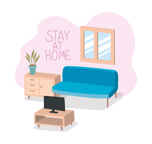 沙发、家具、电视、窗户和花盆内植物矢量设计图片下载