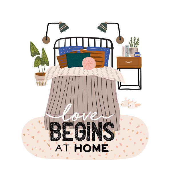 时尚的斯堪的纳维亚卧室室内-床，沙发，衣柜，镜子，床头柜，植物，灯，家居装饰图片下载