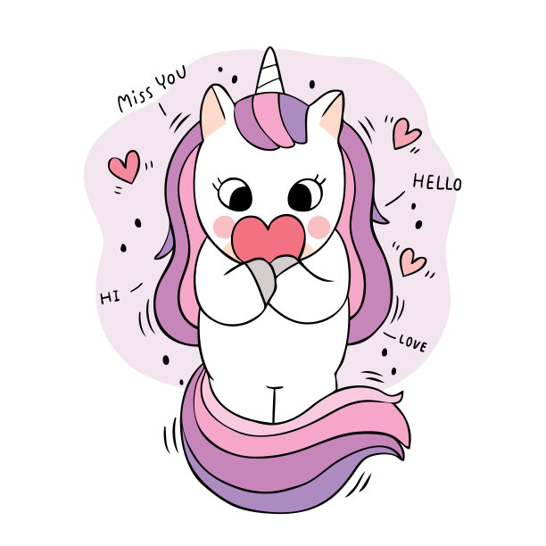 卡通可爱可爱的独角兽和心向量。图片下载