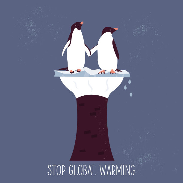 生态海报停止全球变暖，一对企鹅忍受温度上升。矢量图图片下载
