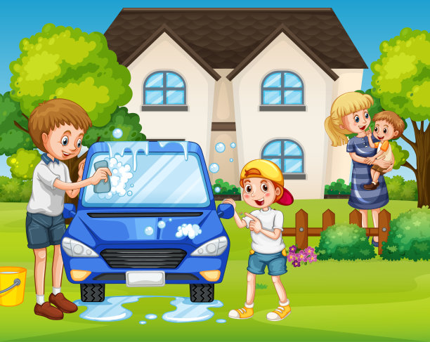 父亲和儿子在前院洗车图片下载