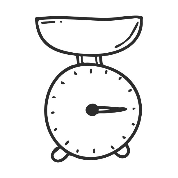厨房用碗秤。涂鸦。厨房用具，称量产品的工具。用于杂志、包装、菜单和食谱的设计。手绘和孤立的白色。黑白矢量图片下载