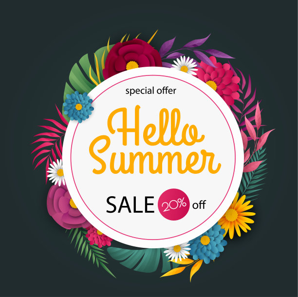 绿色背景上有花朵的夏季促销横幅。横幅促销，杂志，广告，网站。图片下载