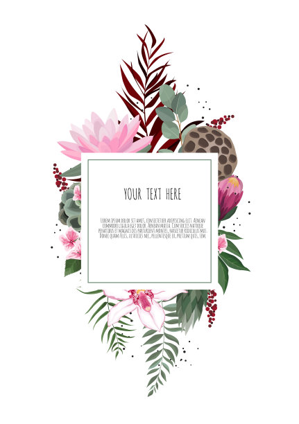 矢量花设计卡。问候，明信片婚礼邀请模板。优雅的框架与荷花和银莲花图片下载