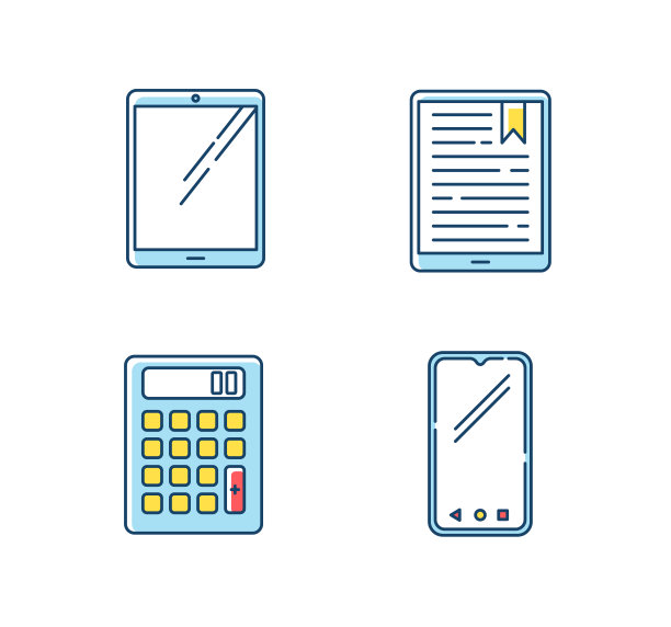 移动设备RGB颜色图标设置。袖珍电子产品。智能技术。平板电脑、电子阅读器,电子书。智能手机,计算器。数码工具。孤立的矢量插图图片下载