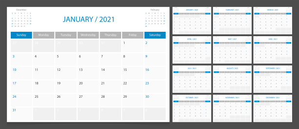 日历计划2021设计模板周开始周日。图片下载