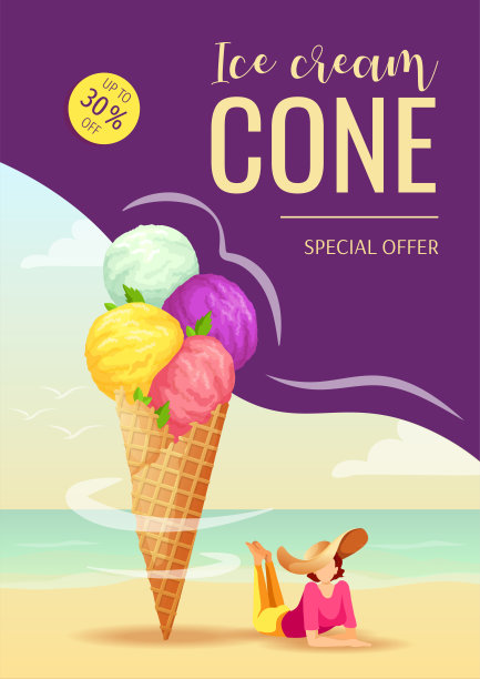 传单设计的冰淇淋店或客厅，甜产品，甜点，夏季。冰淇淋蛋卷和躺在海滩上的女人。图片下载