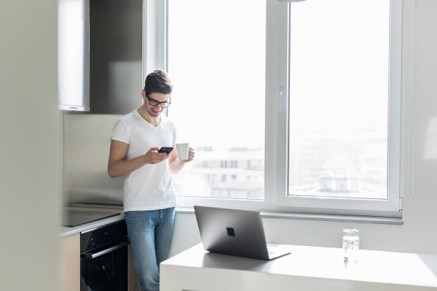 微笑英俊的年轻人使用电话在家里的窗户图片下载