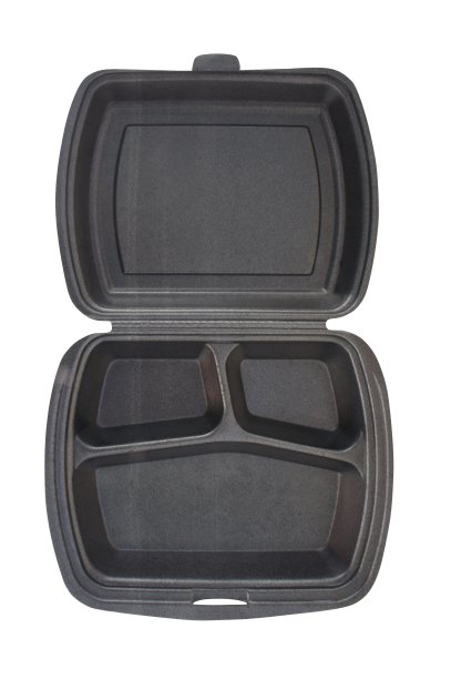 空的食物容器，盖子由聚苯乙烯泡沫制成，孤立在白色背景上。黑色的颜色。寿司，面包卷，烤肉的午餐盒。食物开放托盘三个圆形细胞。前视图。图片下载