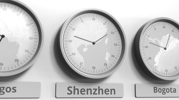 世界时区内显示中国深圳时间的圆形时钟。概念3 d渲染图片下载