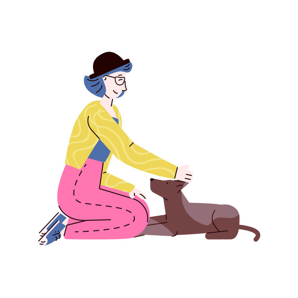 年轻女子在地板上玩狗宠物素描图片下载