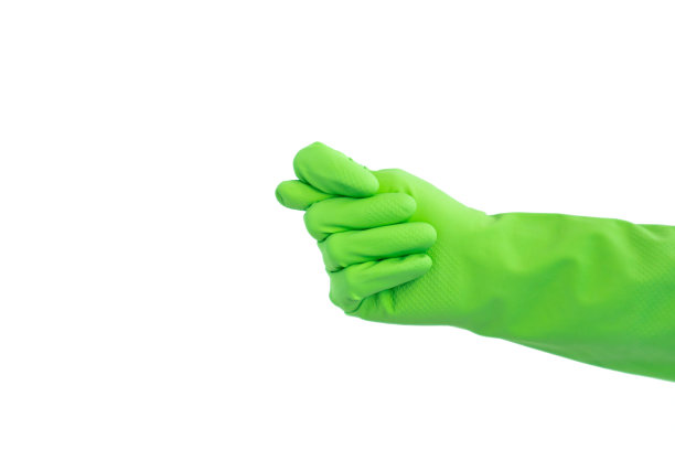 手用绿色橡胶防护手套隔离在白色手势图标志，图，零。手势(语言)，清洁手套，厨房手套。图片下载