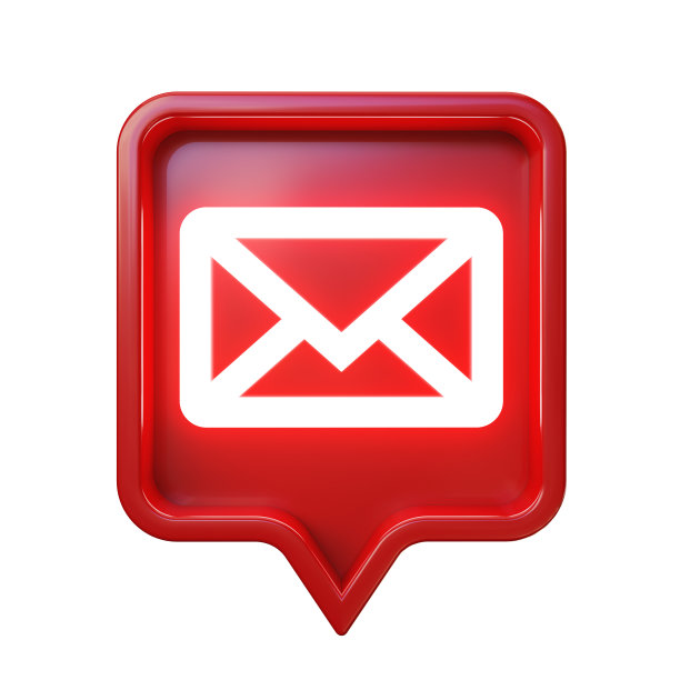 闪亮的邮件信息图标在红色的方形引脚，孤立在白色的背景，剪切路径包括。图片下载