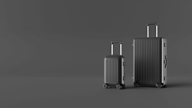 度假行李概念，深灰色的房间，极简的旅行背景与文字空间。黑色行李模型、旅行袋、轮式设计模型、旅行袋塑料袋。旅游旅游。图片下载