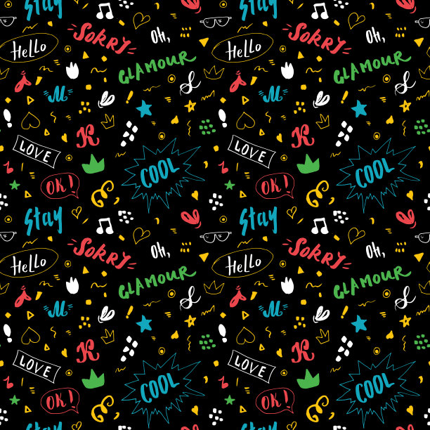 涂鸦无缝模式，手绘波普艺术符号和符号背景，矢量插图图片下载