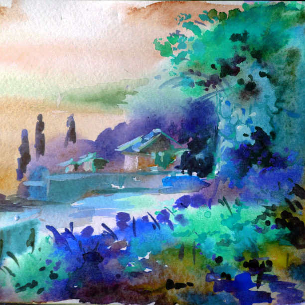 水彩色彩鲜艳，纹理鲜明，抽象背景手工制作。地中海风景。描绘海岸的建筑和植被。田园生活图片下载