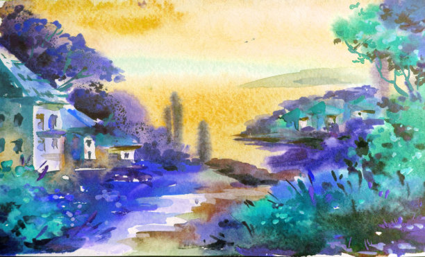 水彩色彩鲜艳，纹理鲜明，抽象背景手工制作。地中海风景。描绘海岸的建筑和植被。田园生活图片下载